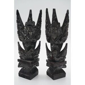 Vintage Hand Carved Dark Wood 10.5" Indonesia Vishnu And Garuda Sculpture Set